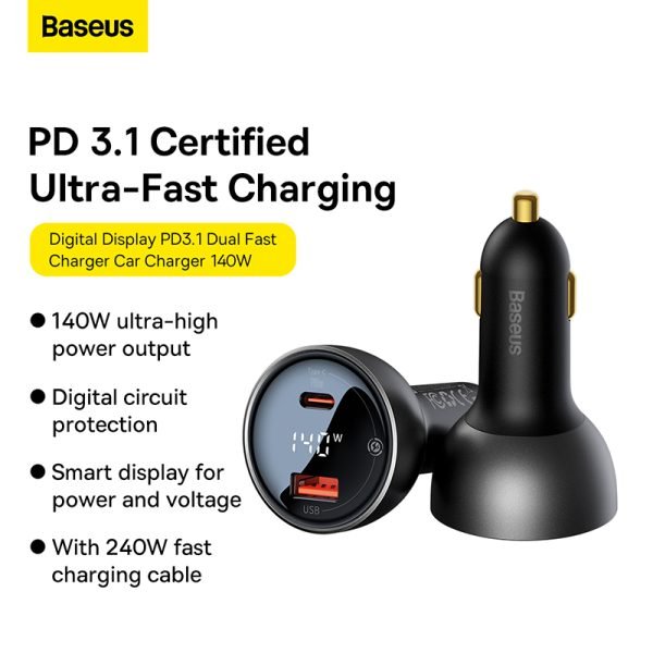 Baseus Chargeur De Voiture Affichage Numérique U+C 140W Black Avec Cable TYPE-C vers TYPE-C 240W 48V/5A/1M Noir-cgzx070001