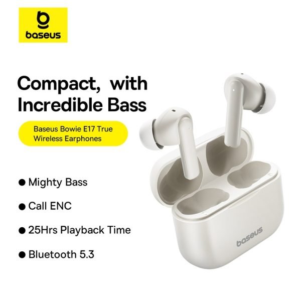 Baseus Écouteurs Bluetooth sans fil Bowie E17 avec double micro ENC et basses percutantes - Blanc - A00072200223-Z1